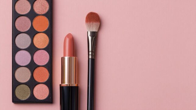 A makeup palette with assorted eyeshadows, a lipstick, and a brush sit on a pink background, creating a flat lay composition