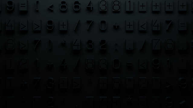 Highly Detailed 3D Textured Mathematical Symbols and Numbers in a Grid Layout on Dark Background, Featuring Operators, Punctuation Marks, and Special Characters for Educational Use