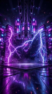 Futuristic Cyberpunk Industrial Metal Hall with Neon Purple Glow and Electric Lightning