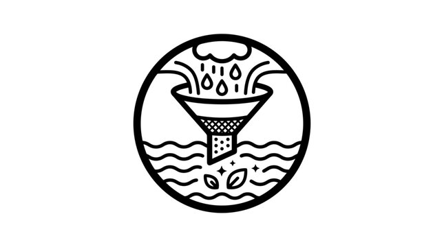Minimalist water filtration icon, circular line art funnel, clean liquid processing.