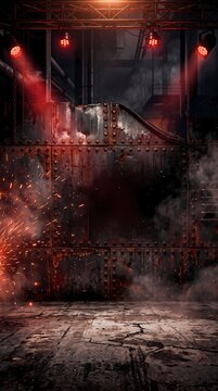Gritty Industrial Stage Backdrop with Fiery Sparks, Dramatic Red Lighting, and Smoke Effects