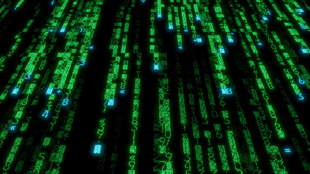 Dynamic Green and Blue Pixelated Code Matrix with Bright Blue Highlights on Dark Background - Abstract Digital Design for User Experience, Technology, and Data Visualization Projects