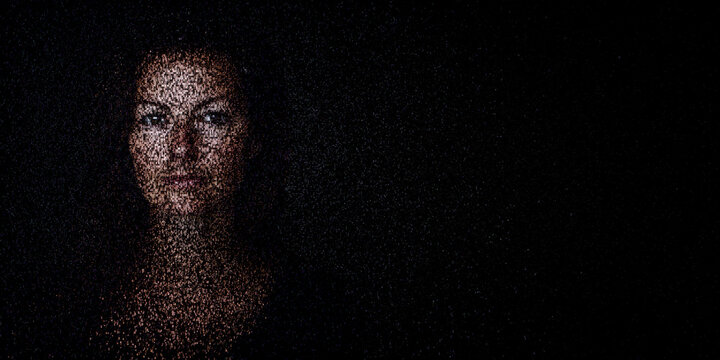 Digital ID Portrait of Woman with Face made up of Data. Trust framework Concept with copy-space.