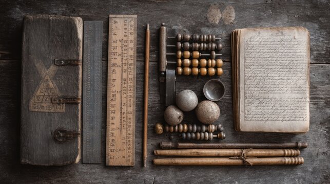 Antique arithmetic items book, ruler, abacus, pencil, and globes on aged, weathered wooden boards