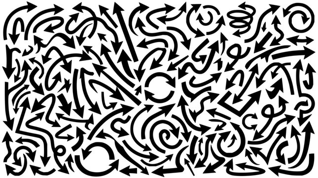 Black directional arrows set with varied angles and lengths featuring upward, downward, left, and right orientations with abstract geometric style and clean vector design