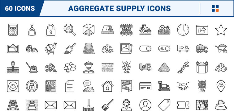 Gravel supplier line icon set. Vector pictograms of aggregate, crushed, stone, and river elements, thin linear illustration.