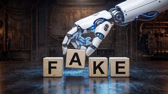 A futuristic robotic hand with glowing blue accents is carefully arranging wooden blocks that spell out the word FAKE on a dark textured industrial background .