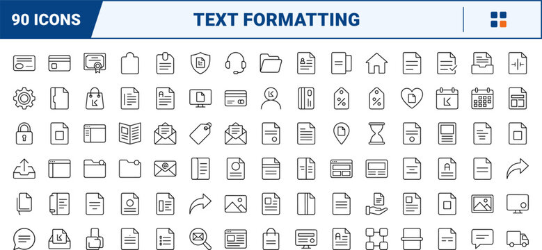 Text formatting line icon set. Vector pictograms of typography, editor, layout, and document elements, thin linear illustration.