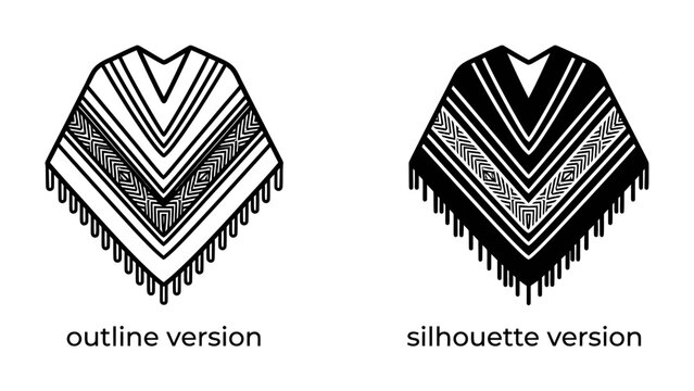 Poncho Iconography: Two distinct representations of a poncho, an outline version and a silhouette version, showcase traditional patterns and fringed edges.