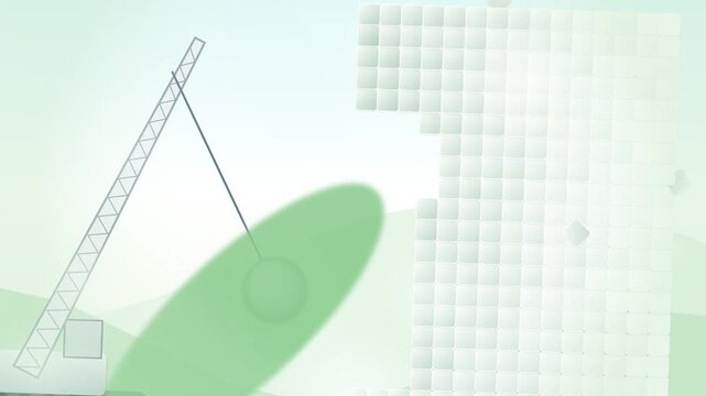 Animation of a wrecking ball on a crane breaking down a wall of white blocks in a minimalist green landscape