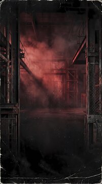 Vintage Industrial Warehouse Interior with Red Smoke and Dark Grunge Rock Aesthetic Atmosphere