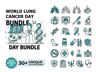 Fototapeta premium World Lung Cancer Day bundle, 30 unique vector scenes and medical icons set, teal and black respiratory health illustrations for oncology awareness