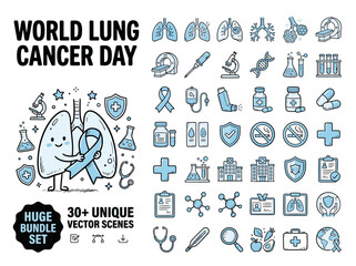 Fototapeta premium World Lung Cancer Day vector icon set, medical oncology awareness bundle with 30+ unique scenes, blue healthcare symbols for respiratory health