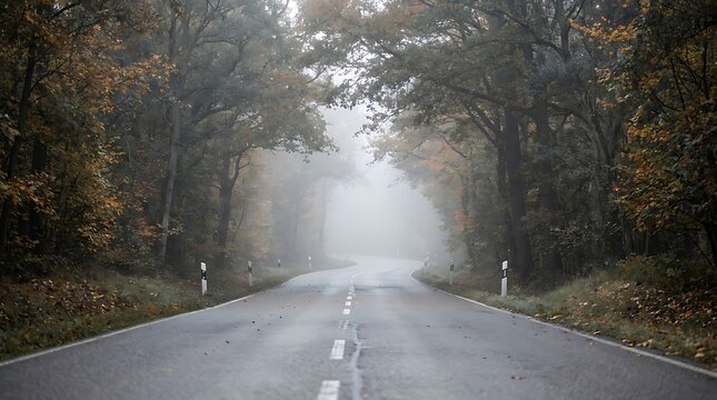 Asphalt road leading into deep thick fog in autumn forest with landscape