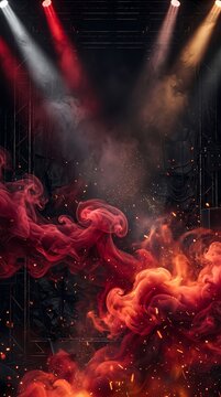 Dramatic Crimson Smoke Burst on Stage with Spotlights and Dark Fire Background