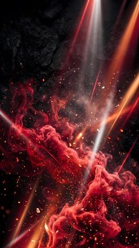 Dynamic Light Rays Pierce Through Billowing Red Smoke and Fiery Particles on a Grungy Dark Stage Background