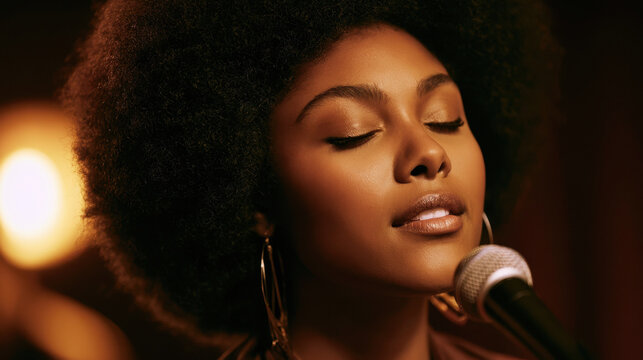 Black woman singing with eyes closed on intimate stage. Jazz Appreciation Month