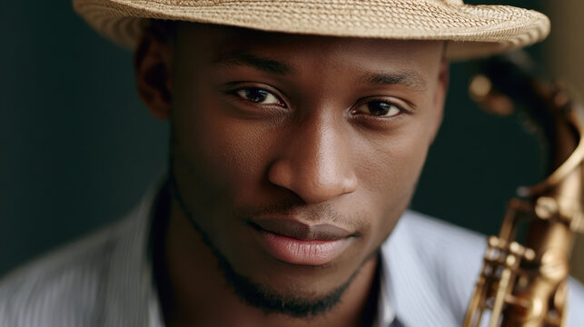 Young male saxophonist portrait wearing straw hat in studio. Jazz Appreciation Month