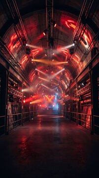 Industrial Dark Tunnel Stage Venue with Vibrant Red Light Show Atmosphere