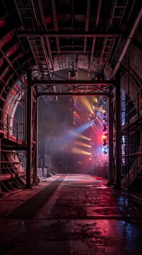Dramatic view of an abandoned industrial tunnel illuminated with colorful stage lighting