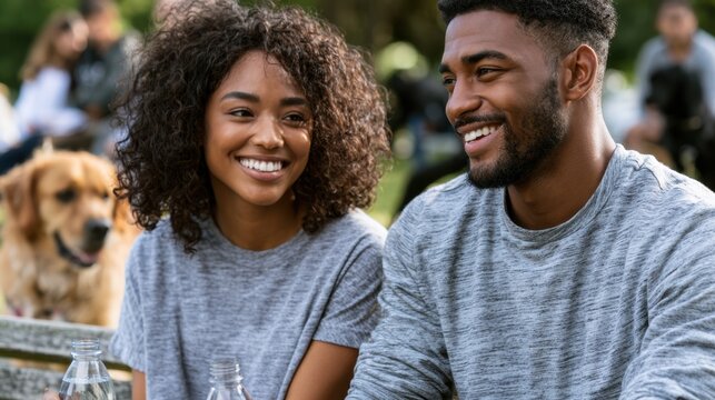 Young couple smiling together at outdoor park setting