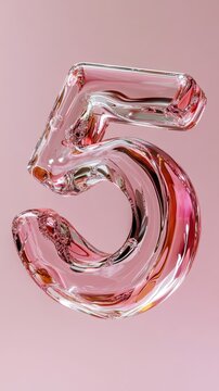Transparent glass number 5 on pink background with artistic reflections