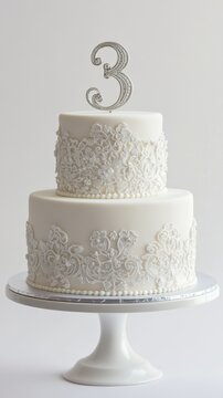 Elegant two-tier white cake with silver number "3" topper and intricate floral lace design