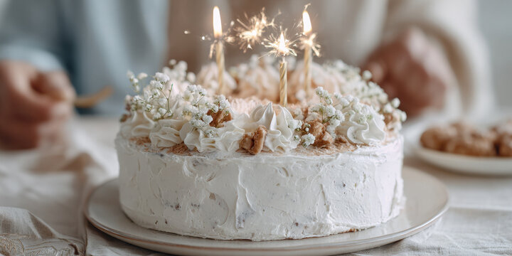 White frosted cake with sparklers and flowers on table