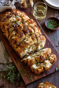 Cheesy garlic pull-apart bread with herbs and wine on rustic wooden table