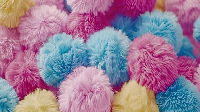 Colorful pastel pom poms and vibrant fuzzy spheres in a soft abstract composition