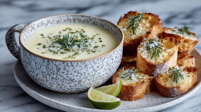 Creamy soup with herbs and rustic bread slices with lime garnish