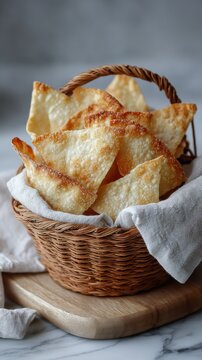Homemade Corn Tortilla Chips. Crispy fried wontons in wicker basket on wooden board with white cloth