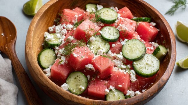 Watermelon Cucumber Salad with Feta and Honey-Lime Dressing. Fresh watermelon cucumber salad with feta and dill in wooden bowl