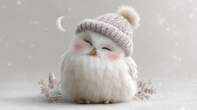 Cute fluffy owl wearing knit hat in winter wonderland with moon and flowers