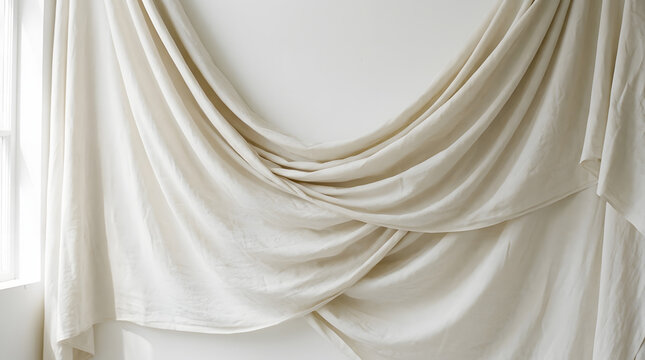 Close-up of a cream-colored fabric draped with soft folds and a central knot against a white wall.