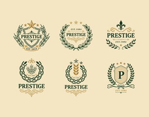 Elegant crest logo collection with shield laurel wreath and fleur de lis for heritage branding © duygu