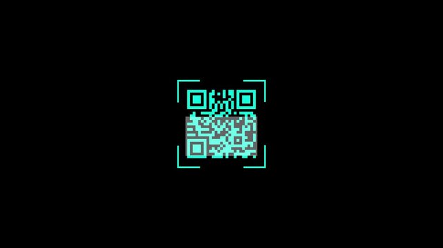 Glowing scan icon showing scanner processing code, which is a scan concept. Animated QR code scan icon loop on black screen chroma key, digital payment and barcode reader motion graphic.