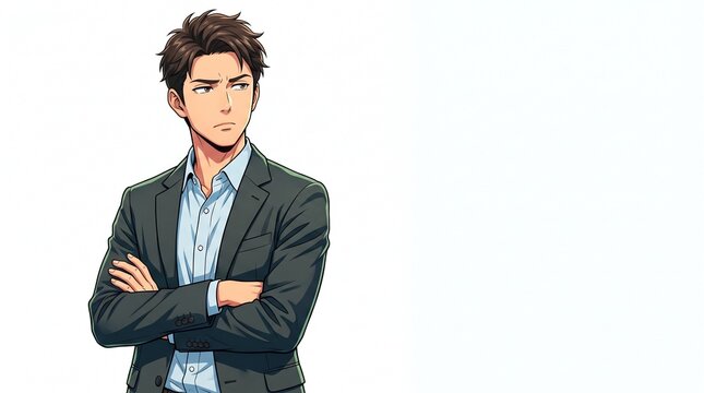 腕組みで疑いの表情を見せる若いビジネスマンのアニメ風イラスト（コピースペースあり）