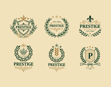Vintage luxury logo bundle with emerald green and gold heraldic emblems on beige background