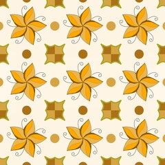 Obraz premium Seamless retro pattern with stylized yellow flowers, brown polka dots, and geometric shapes on a cream background. Ideal for vintage textile, wallpaper, or boho decor