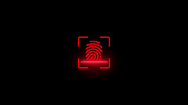 A finger scanner magnifier. Animated biometric scanning, identity verification or forensic analysis icon overlay on a black screen background.