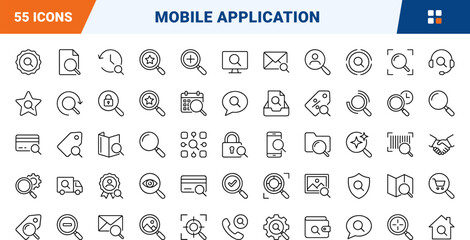 Naklejka premium Mobile tool line icon set. Vector pictograms of application, search, interface, and utility elements, thin linear illustration.