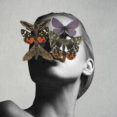 Abstract collage illustration of woman's face in black and white with colorful butterflies and moths covering her eyes. Grunge, motion, noise and blur effect applied © Rytis