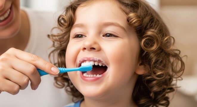 Little girl with curly hair brushing her teeth with a blue toothbrush in the bathroom with the help of her mother at home during the morning