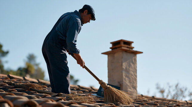 A solitary young chimney sweep standing on a terracotta rooftop under harsh midday sun with traditional brushes and equipment, a laptop screen website mockup for a heritage home