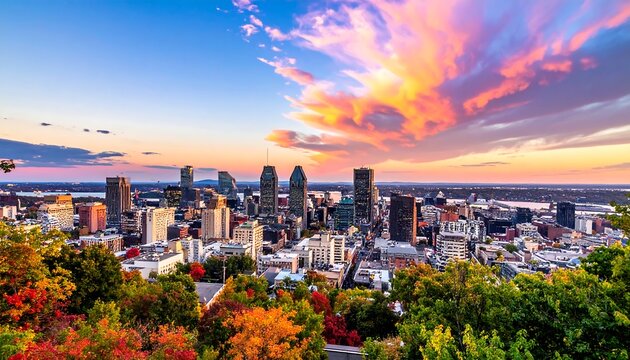 Aerial view of a city skyline at sunset, with colorful clouds, water, and autumn foliage. Buildings dominate the cityscape