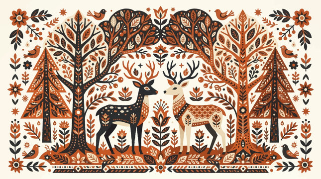 Decorative folk art illustration of two stylized stags in a symmetrical forest with autumn colors, birds, and floral ornaments, perfect for rustic decor and seasonal winter or fall themes.