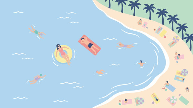 Aerial view flat design illustration of people swimming and sunbathing at a tropical beach resort with palm trees, blue ocean water, and sandy shore during summer vacation or holiday travel.