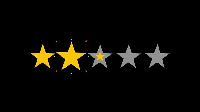 Simple five star rating animation with stars appearing and changing color from grey to yellow on a black background for customer review and quality feedback