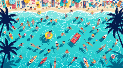 Fototapeta premium Overhead view of a vibrant tropical beach with people swimming in turquoise water, sunbathing on towels, and palm trees framing the scene in a flat vector illustration style for summer.